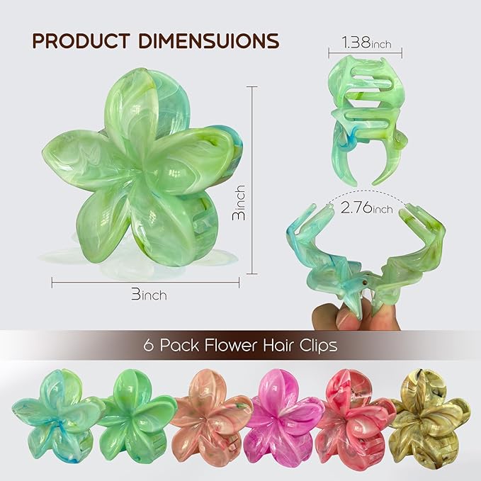 Hawaiian Flower Hair Clips for Women, Tropical Plumeria Hibiscus Claw Clips for Thick/Thin Hair, Non-Slip Large Hair Claws for Women Girls, Beach Vacation Hair Accessories 6 Pcs
