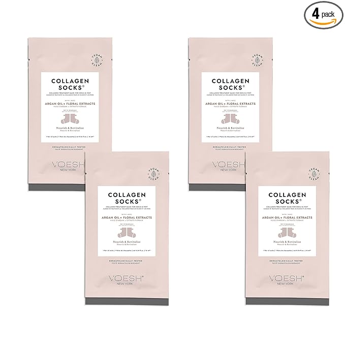 VOESH Collagen Socks, Collagen Socks for Dry Feet, 4 Pack, Cracked Heel Repair, Moisturizing Socks, Spa Pedicure Treatment, Spa Socks, Foot Peel Masks, Vegan