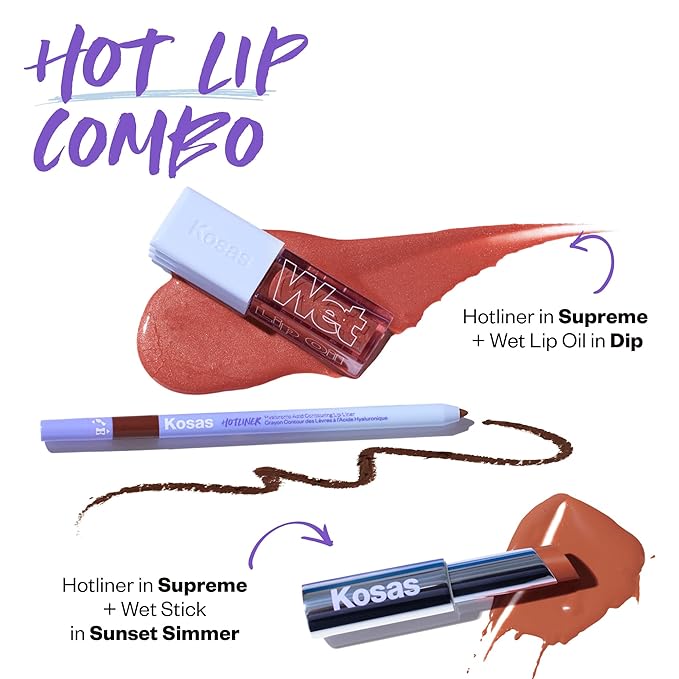 Kosas Hotliner Retractable Lip Liner Pencil with Built-In Brush & Sharpener - Easy Contouring, Hydrating, Long-Lasting - Pigmented Creamy Texture for Plumping Lips- Hyaluronic Acid & Konjac - Supreme