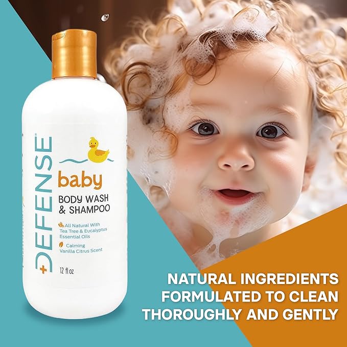 Defense Soap Baby Shampoo and Body Wash with Tea Tree Oil, Coconut Oil, Eucalyptus, Olive Oil & Aloe, 12 Fl Oz