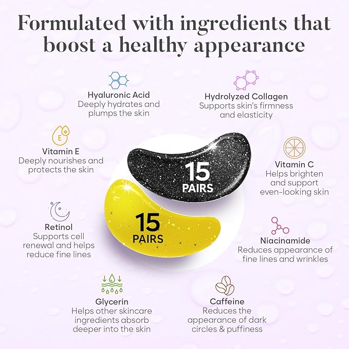 BLOOMORA Under Eye Patches for Puffy Eyes and Dark Circles, Gel Eye Masks with Caffeine, Collagen & Vitamin C, Deeply Moisturizing, Bachelorette Party Favors, Bridesmaid Gifts (30 Pairs, Day & Night)