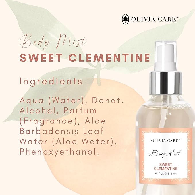Olivia Care Body Mist Spray Made with Natural Sweet Clementine Scent - Refreshing, Soothing, Cooling & Moisturizing - Eliminate Odor with Fresh Floal Aroma - 4 FL OZ