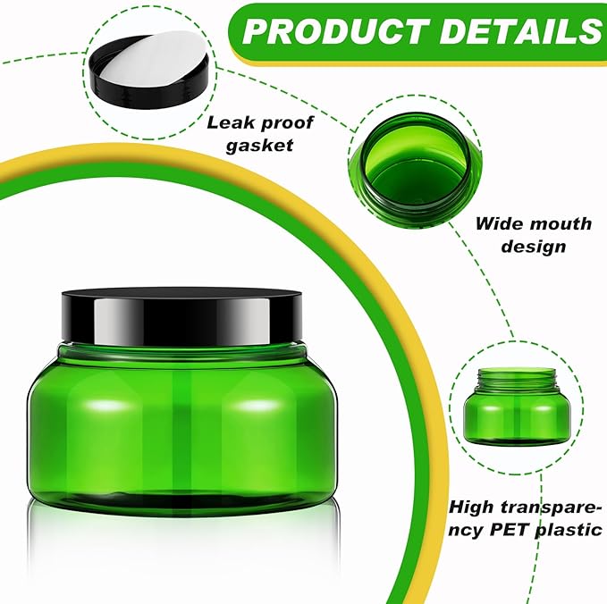 Tessco for you 24 Pack Plastic Jars with Lids Labels Multiuse Slime Containers Empty Body Scrub Jars Round Refillable Cosmetic Body Butter Container for Makeup (8 oz,Green,Black)