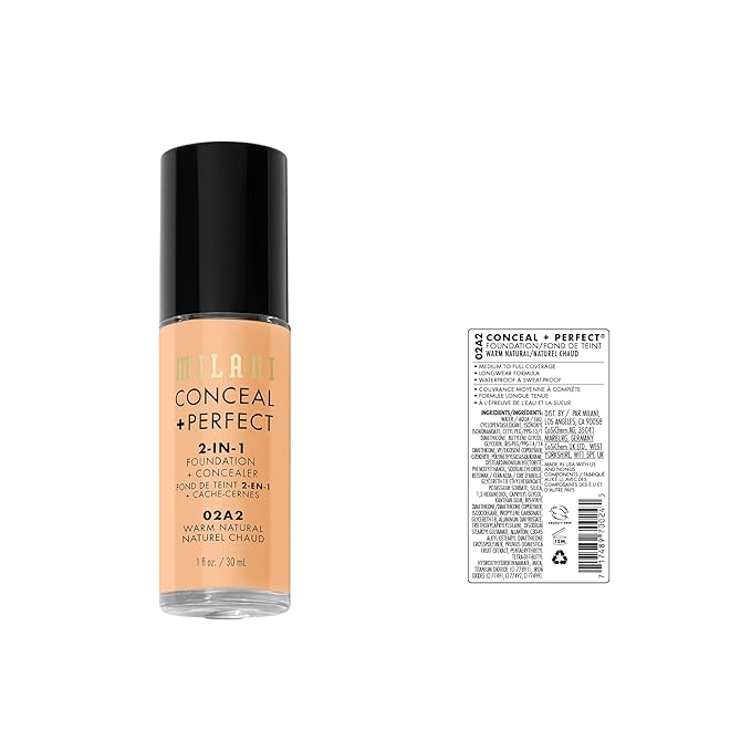 Milani Conceal + Perfect 2-in-1 Foundation + Concealer for a Flawless Complexion, Under Eye Corrector, Cover Redness and Imperfections, Waterproof and Sweatproof - 02A2-Warm Natural