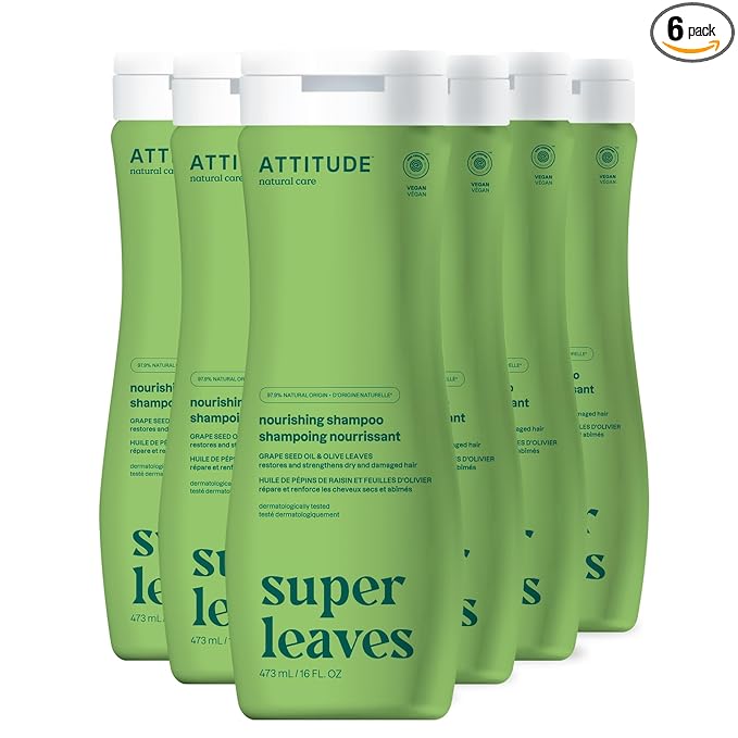 ATTITUDE Nourishing Hair Shampoo, EWG Verified, For Dry and Damaged Hair, Naturally Derived Ingredients, Vegan and Plant Based, Grapeseed Oil and Olive Leaves, 16 Fl Oz (Pack of 6)