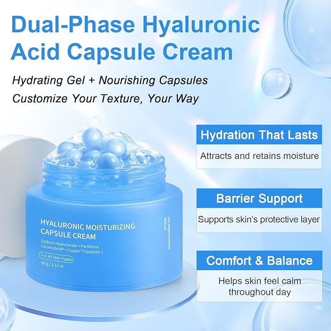 Hyaluronic Capsule Cream | Long-Lasting Lightweight Moisturizing Capsule Cream Gel Soothing Barrier Repair Glowing Skin | Ceramides Copper Peptides Panthenol | All Skin Types, 2.12 oz