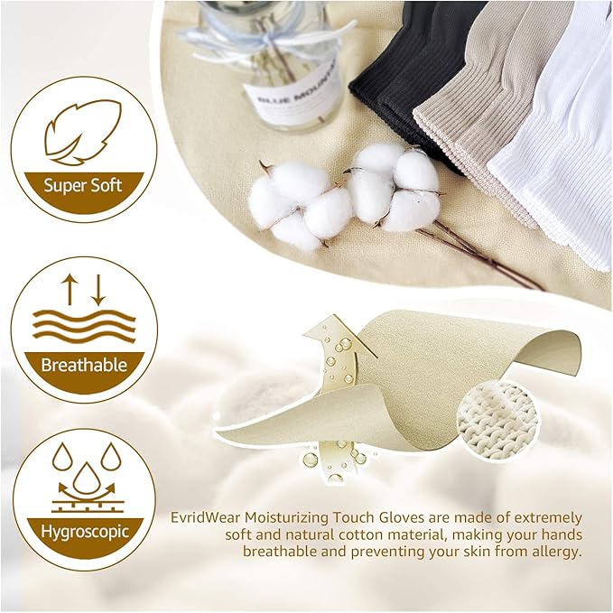 Evridwear Men Moisturizing Cotton Gloves with Touchscreen Fingertips for Eczema Beauty Cosmetic Dry Hands Sensitive Irritated Skin Therapy Overnight Bedtime, 6 Pairs, Lightweight-Black, S/M