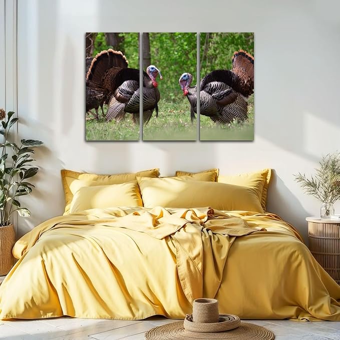 3 Piece Canvas Wall Art Prints Picture two male wild turkeys full tail feathers two female turkeys Framed Wall Painting Modern Artwork Poster Home Decor for Living Room Office Ready to Hang