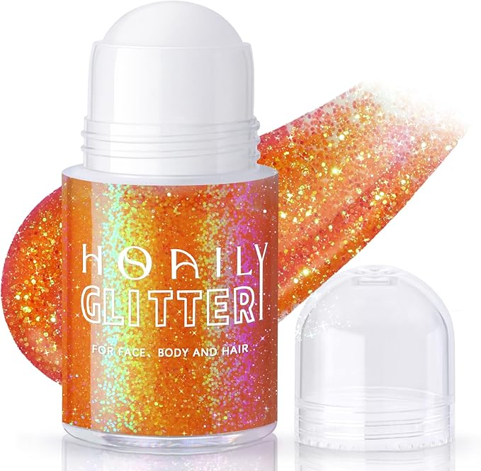 HOSAILY Roll-on Orange Body Glitter Gel for Face Hair, Holographic Chameleon Color Changing Face Paint Glitter Autumn Makeup, Chunky Mermaid Sequins Festival Party Rave Accessories Shimmer Makeup
