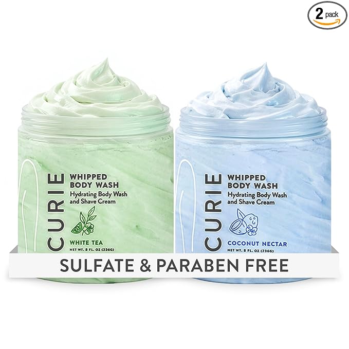 Curie Whipped Body Wash Two Pack, Coconut Nectar and White Tea, Moisturizing Cream Body Cleanser, Sulfate Free, Paraben Free, Vegan, 8 oz Each