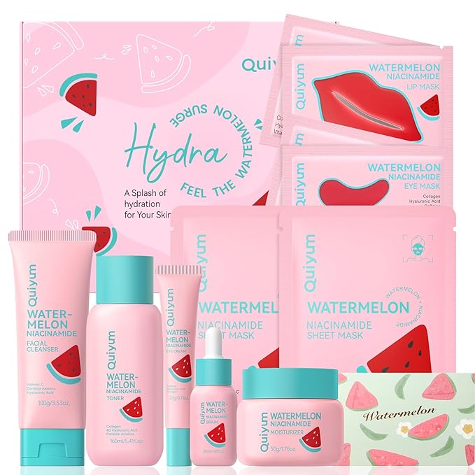 QUIYUM Watermelon & Niacinamide Skin Care Sets, Routine Facial Skincare Product, Beauty for Women, Hydration, Moisturizing, Oil Control, Glow Up, Teen Girl Gifts Trendy Stuff, Spa-Like at Home