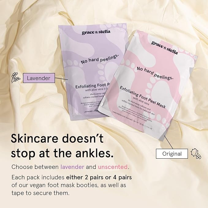 grace & stella Award-Winning Foot Peel Mask - Foot Peeling Mask with Aloe Vera - Moisturizing Foot Mask for Dry Cracked Feet - Foot Exfoliator for Baby Soft Feet (4 Pairs, Unscented)