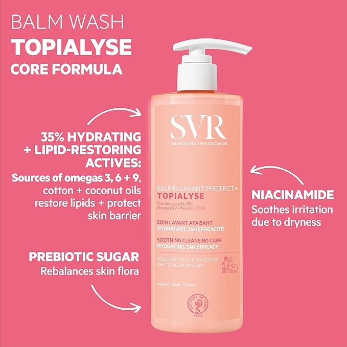 SVR Topialyse Cleansing Balm for Dry Itchy & Sensitive Skin With Niacinamide. Fragrance-free, Soothing Face & Body Wash. 24hr Nourishing Protective Cleanser, 13.5 fl.oz.