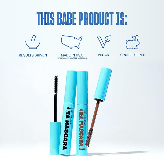 Babe Original 4 Real Mascara Brown for Volume, Length, and Lift in Eyelashes, Defined & Flutterly Look, Vegan & Cruelty-Free, (Brown)