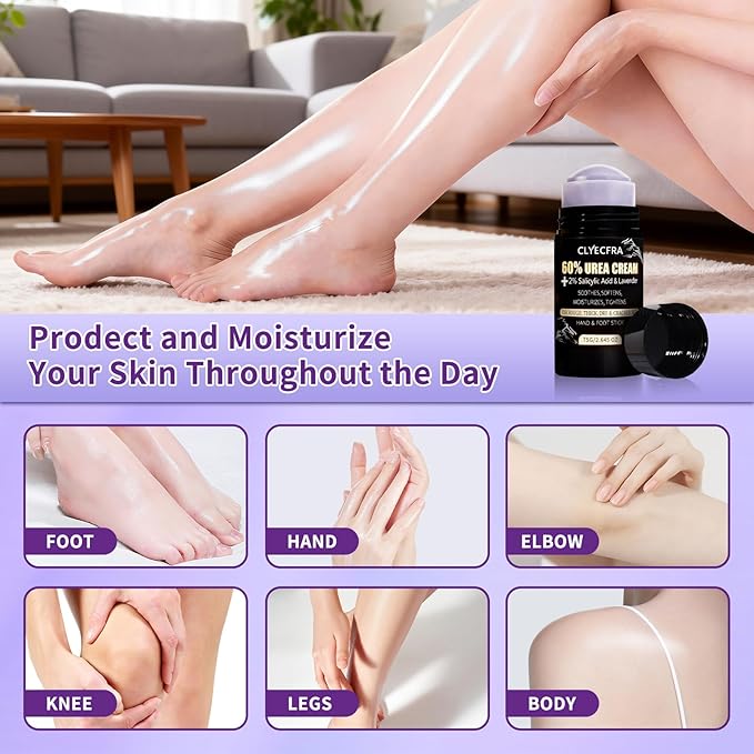 8-in-1 60% Urea Balm with 2% Salicylic Acid & Lavender, Hand & Foot Stick, Urea Cream 60 Percent for Feet Maximum Strength for Rough, Dry, Thick & Cracked Skin, Callus Remover, Deep Hydration