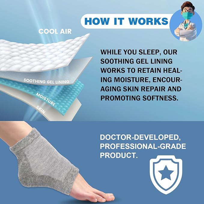 TEAWOO Moisturizing Heel Socks - 6 Pairs for Dry Cracked Feet, Toeless Gel Socks for Hydration and Repair