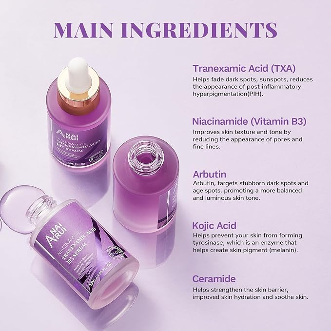 ANAI RUI 10% Tranexamic Acid Face Serum with Niacinamide, Kojic Acid, Arbutin & Ceramide, Lightweight Hydrating Serum for Uneven Skin Tone & Smooth Texture, Fragrance-Free, 1.05 Fl Oz