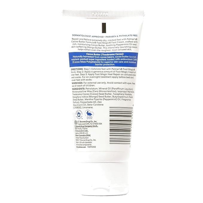 Palmer's Cocoa Butter Formula Foot Magic Moisturizing Foot Cream for Dry, Cracked Heels, Feet Moisturizer with Peppermint Oil & Vitamin E, 2.1 Ounces