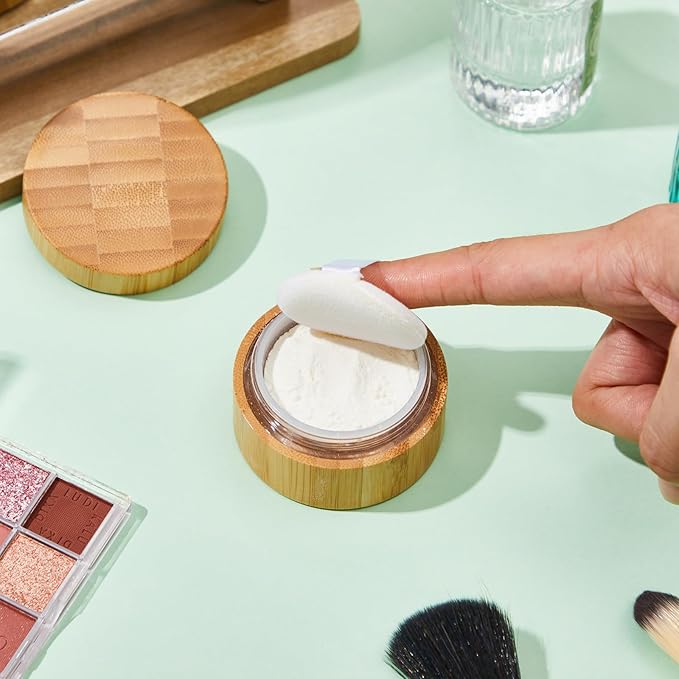 Frienda 10 ml Bamboo Loose Powder Puff and Container Empty Dusting Powder Jar for Body Face Makeup Travel Box Compact Case Holder with Sifter Lids and Puff