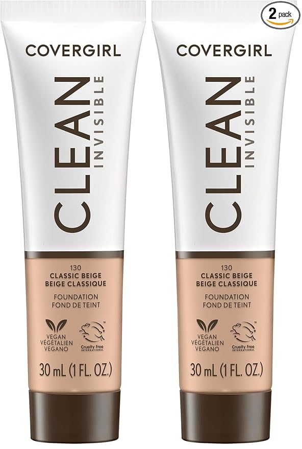 COVERGIRL Clean Invisible Foundation Makeup, Dewy & Glowy Natural Finish, Buildable Coverage, Skin-Like Smooth Look, Vegan, Classic Beige, 1oz (Pack of 2)