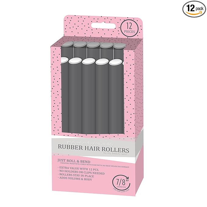 My Beauty Spot Flexi Rods Foam Hair Rollers 7/8" Diameter Professional Salon Quality 12 Pcs Rubber Hair Rollers for Long, Medium and Short Hair (Grey)