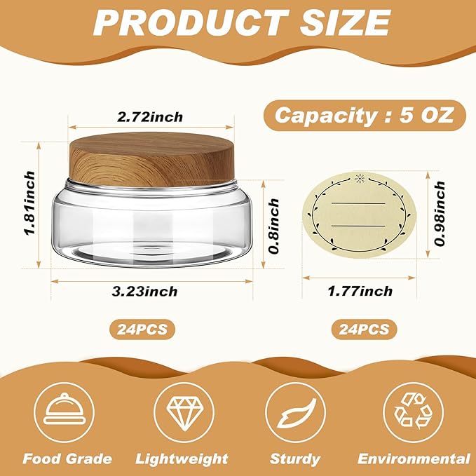 Tessco for you 24 Pack Plastic Jars with Lids Labels Multiuse Slime Containers Empty Body Scrub Jars Round Refillable Cosmetic Body Butter Container for Makeup (5 oz,Clear,Dark Beech)