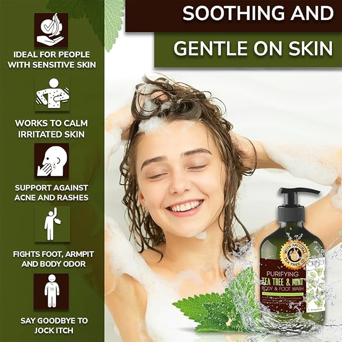 Tea Tree Body Wash with Mint for Women and Men - Helps Acne - Athletes Foot - Jock Itchy - Ringworm - Eczema - Body Odor - Itchy Skin - Moisturizing and Hydrating Sensitive Skin - 16oz