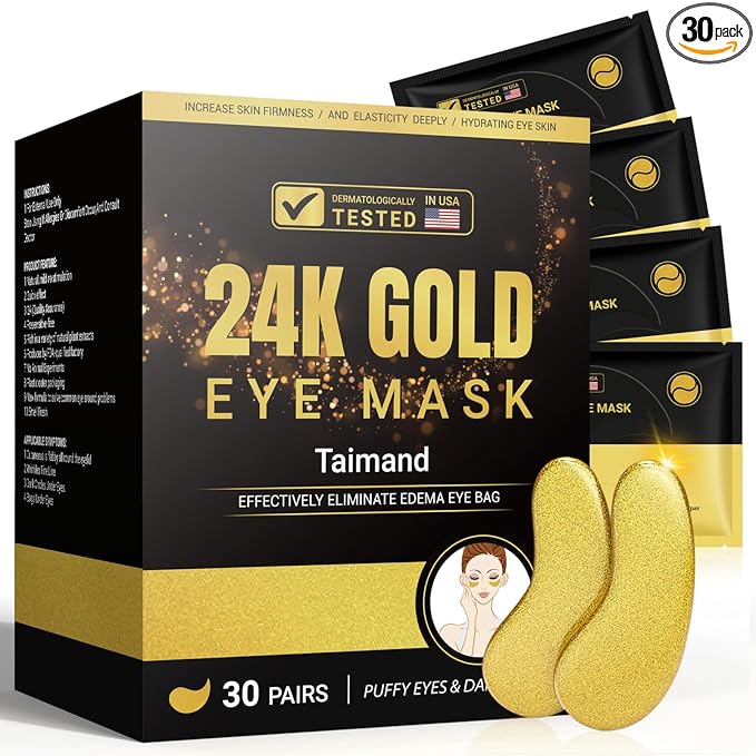 Under Eye Patches (30 Pairs), 24K Gold Under Eye Mask for Puffy Eyes, Dark Circles,Bags and Wrinkles with Collagen,Relieves Pressure and Reduces Wrinkles,Revitalises and Refreshes Your Skin