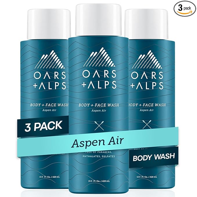 Oars + Alps Body Wash for Men, Mens Body Wash & Face Cleanser with Vitamin E & Antioxidants, Moisturizing, Paraben & Sulfate Free Cleanser, Aspen Air, 3pk