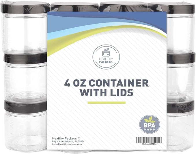Healthy Packers® Small Plastic Jars with Lids 4 oz, 12-Pack - Clear Plastic Jars with Screw-On Tops for Slime, Crafts, Body Butter, Sugar Scrubs, Cosmetic Storage, Small Containers with Lids (Black)