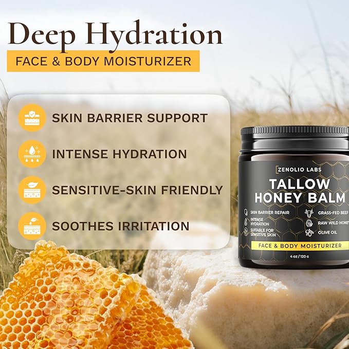 Beef Tallow for Skin Face - Tallow and Honey Balm for Face - Whipped Grass-Fed Moisturizer with Raw Honey & Beeswax - Hydrating Body Cream for Dry, Cracked and Sensitive Skin