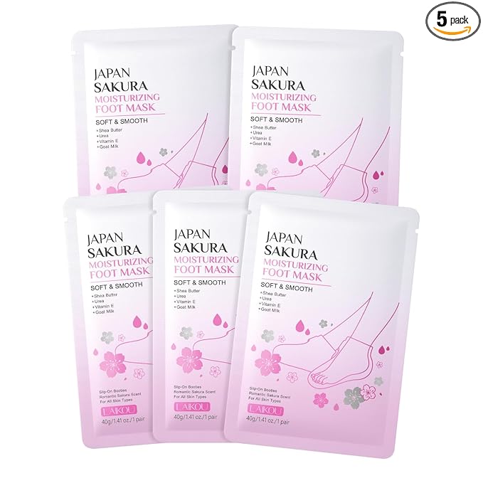LAIKOU Japan Sakura Moisturizing Foot Mask, Foot Mask for Dry Cracked Feet, Foot Masks, Deep Moisturizing Socks for Cracked Heels, Skin Care Gifts for Women Soft Smooth Touch Feet 5 Pack