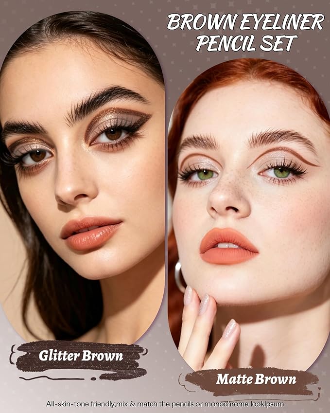 2 PCS Brown Eyeliner Pencil Set, Matte & Glitter Gel Eyeliner Pencil kit, Waterproof & Smudge-proof Waterline Eye Liner Pen Beauty Makeup for Mature Women, Girls, Daily, Party, Halloween-Brown Set