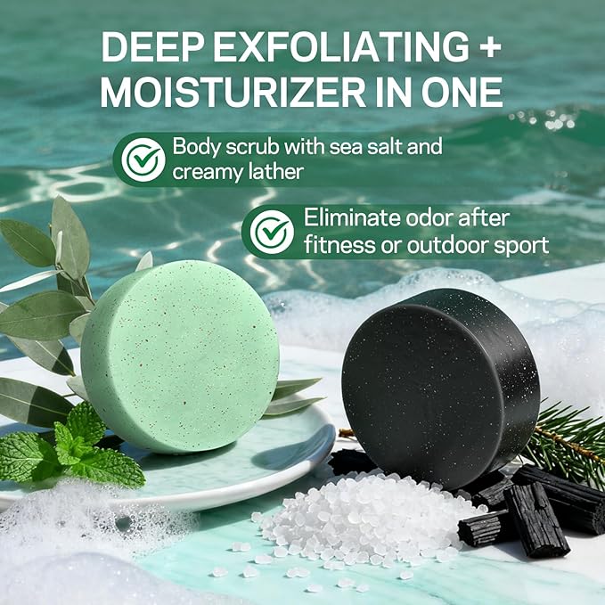 Exfoliating Body Scrub Soap Bar, 2 Pack Eucalyptus & Charcoal Soaps, Dead Sea-Salt Exfoliating Soap for Men & Women, Detox Cleansing, Smooth & Soften Skin