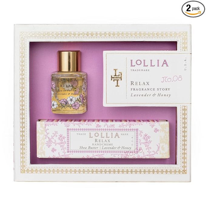 Lollia Relax Fragrance Story Gift Set – .16 fl. oz. Eau de Parfum & .33 oz. Petite Treat Handcreme – Lavender & Honey – Shea Butter Hand Cream for Women, Travel Size Perfume, Hand Lotion for Dry Hands