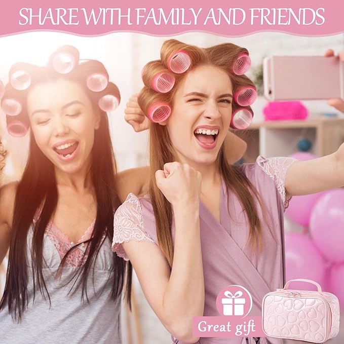 Obeoby 4 Sizes Hair Rollers with Gift Makeup Bag, Pink Rollers Hair Curlers for Long, Short Hair and Bangs Women Girls, Birthday Mothers Day Gifts