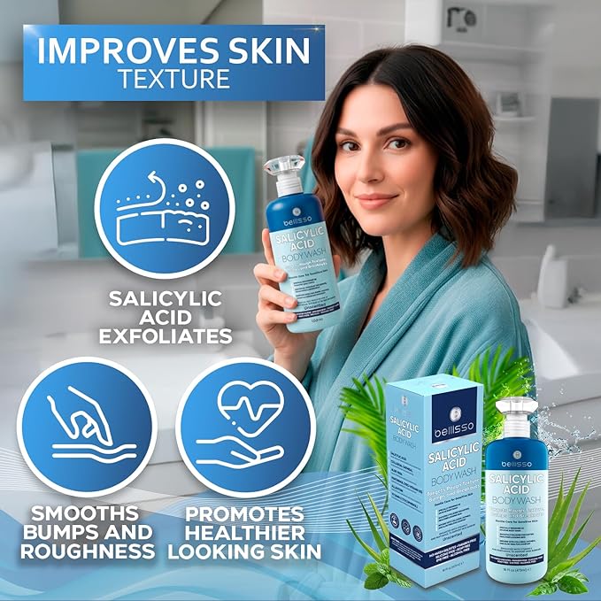 BELLISSO Salicylic Acid Body Wash - Men's and Women's Exfoliating Liquid Soap for Back Acne and KP - For Oily and Sensitive Skin - Sulfate Free Formula - 16 Fl Oz