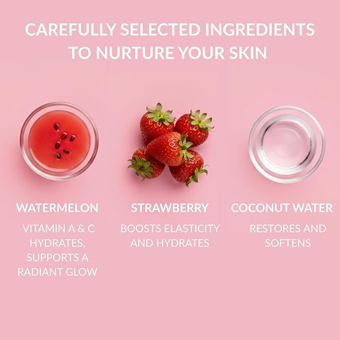 SpaScriptions Watermelon & Strawberry Exfoliating Body Wash - 32 fl oz Scented Natural Daily Cleanse Body Scrub Gel with Moisturizing Coconut Water for Smooth Radiant Refreshing Skin, Paraben Free
