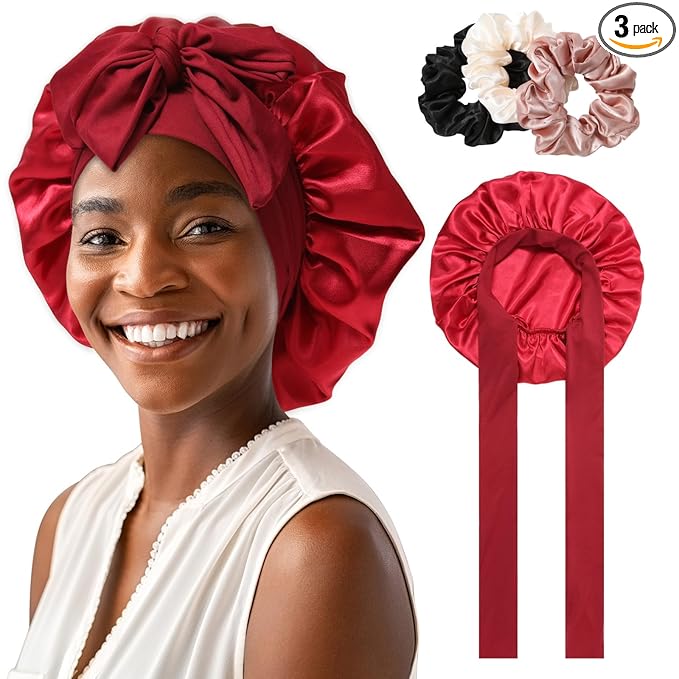 Satin Bonnet for Women With Tie Band - Large 2 Layered Silk Sleeping Cap Nightcap With 3PCS Hair Scrunchies (Wine Red)
