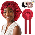 Satin Bonnet for Women With Tie Band - Large 2 Layered Silk Sleeping Cap Nightcap With 3PCS Hair Scrunchies (Wine Red)