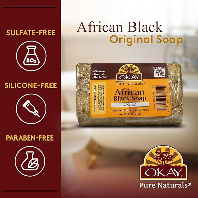 OKAY Pure Naturals African Black Soap - Natural Black Soap Bar with Raw Shea Butter and Cocoa, Cleansing for Hair, Face & Skin for Women & Men - 8.5 oz (Pack of 1)