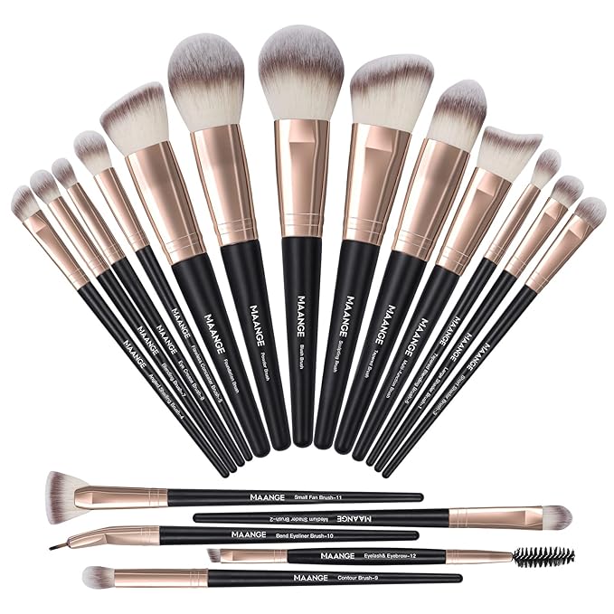 Makeup Brushes, MAANGE 18 Pcs Professional Makeup Brush Set Premium Synthetic Face Kabuki Brush Kit Foundation Blush Powder Eyeshadow Brushes Set（Black Gold)