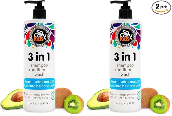 SO COZY 3 in 1 Kids Shampoo + Conditioner + Body Wash (16 Fl Oz) Gentle,Hydrating Hair & Body Cleanser with Keratin,Vitamin B5,& Kiwi Extract,Paraben-& Sulfate-Free,(Pack of 2)