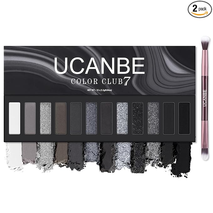 UCANBE Smokey Eyeshadow Palette, Dark Black White Gray Silver Natural Nude Matte Shimmer Eye Shadow Pallet for Smoky Emo Goth Makeup, 12 Color High Pigmented Long Lasting Waterproof Pallete with Brush