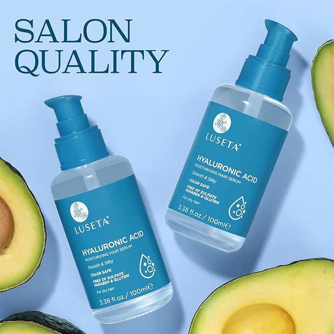 Luseta Hyaluronic Acid Moisturizing Hair Serum for Dry and Damaged Hair, Hair Oil Serum for Women Infused with Avocado Argan Oil and Shea Butter 3.38oz