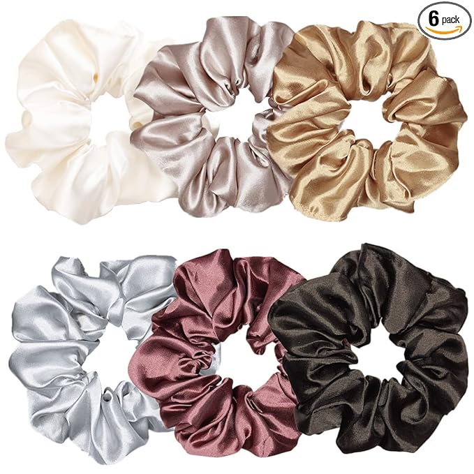 6 Pcs Satin Silk Scrunchies - Hair Ties, Fashion Hair Bands, Bows, Ropes, Elastic Bracelets, Ponytail Holders, Hair Accessories for Women and Girls (4.5 Inch, Classic Color)