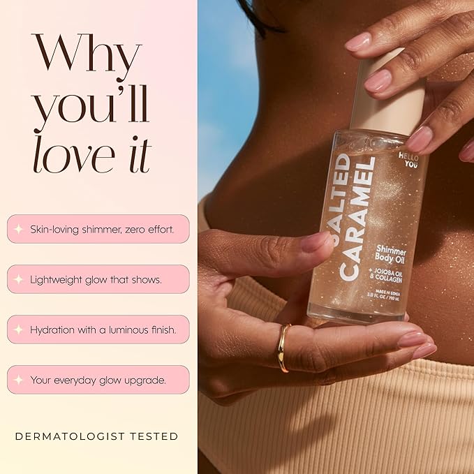 Hello You Jojoba Oil & Collagen Shimmer Body Oil – Dermatologist Tested, Anti Aging, Korean Skin Care – Firming Glow, Hydrating Moisturizer with Salted Caramel Scent – Vegan Clean Beauty – 3.38 Fl Oz