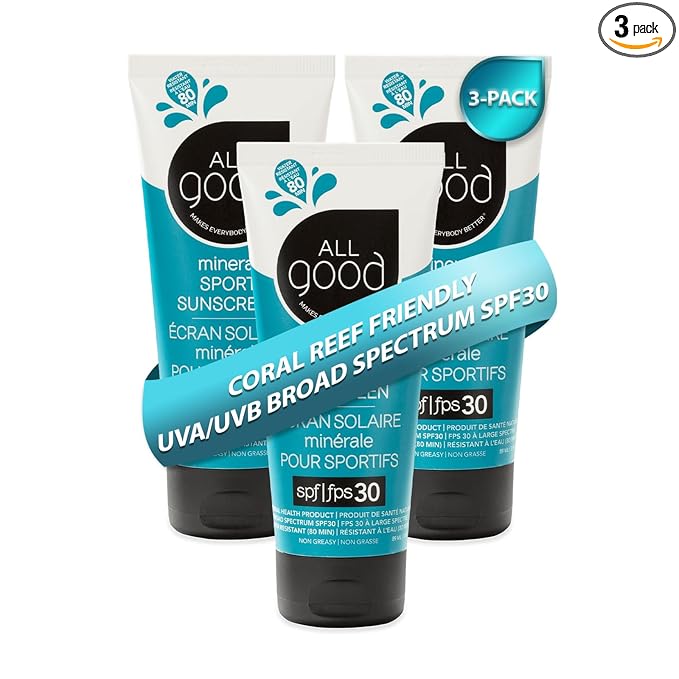 All Good Sport Mineral Sunscreen Lotion - Coral Reef Friendly, Water & Sweat Resistant, Face & Body, UVA/UVB Broad Spectrum SPF 30+ (3 oz)(3-Pack)