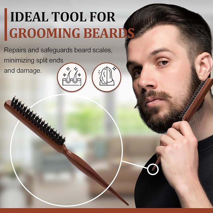 2 Pcs Boar Bristle Brushes for Men and Women - Smoothing and Teasing for Sleek Hair, Slick Back Hairstyles, and Enhanced Beard Shine