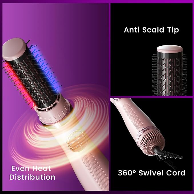 Blow Dryer Brush, 3-in-1 Rotating Hair Dryer Brush with 3 Heads for Drying Styling Volumizing Curling Sleeking in One Step for Long Hair, 3 Temperatures, Negative Ionen, Ceramic Coating, Pink